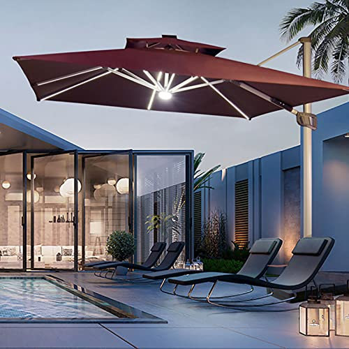 0℃ Outdoor Ombrellone con Luci Solari, Ombrellone Decentrato con Palo Laterale, UV50 +, Parasole Ombrellone per Cortile Piscina Prato Giardino Spiaggia Hotel caffè Bar,Wine Red,3m