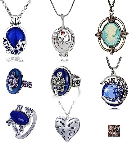 HJYZY 18 Stück Vampire Katheril's Cameo Anhänger Halskette Schmuck und Aufkleber Set Daylight Walking Signet Salvatore Damon Stefan Finger Familienwappen Ring für Fans