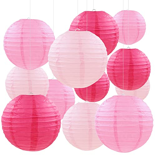 PheiLa 12 Pcs Pink Party Paper Lanterns Romantic Decorations Rose Red and Pink Round Chinese Paper Lanterns for Wedding Birthday Party Valentines Day Engagement Baby Showers Decoration