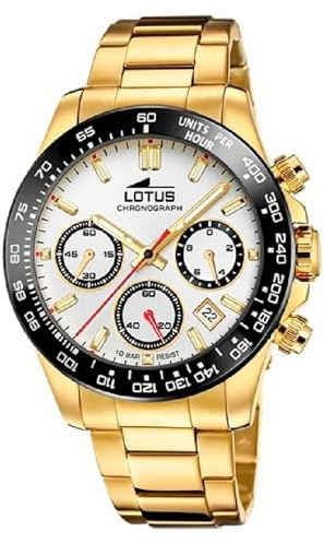 LOTUS Reloj Hombre Analógico de Acero Inoxidable 316l Dorado | Movimiento de Cuarzo, Cronógrafo, Calendario, Cristal Mineral de Alta Resistencia, Resistente al Agua 10 ATM 18914/1