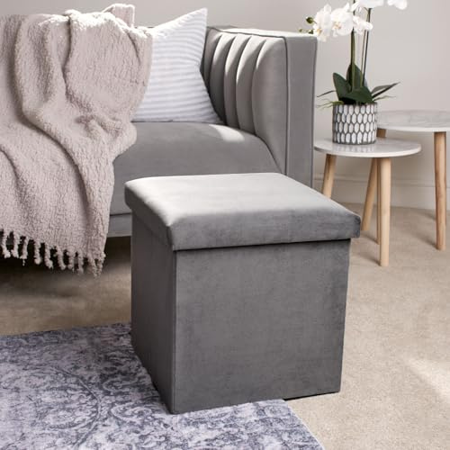OHS Cube Storage Ottoman Matt Velvet, Grey Ottomans Storage Box Living Room Bedroom Ottoman with Lid Sturdy Space Saving Organising Storage Box, Charcoal