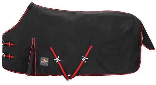 Start Stalldecke Pferd Baumwolle & Polypropylen - atmungsaktive Pferdedecke mit Kreuzgurten, Schweiflatz & Widerrist-Polsterung - robust & komfortabel - Cotton (Schwarz/Rot, 125cm (0g/m²))