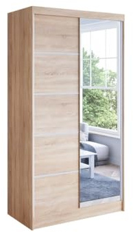 Easy4You N3 100 cm Sonoma Sliding Doors Wardrobe 100 x 200 x 58 cm with Mirror - Bedroom Furniture, Storage - Multi-Purpose Cabinet