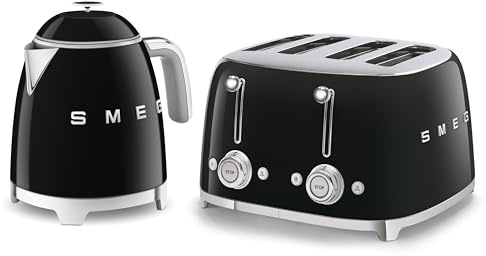 Smeg 50’s Style Retro Range Breakfast Set, 0.8L 1400W Mini Kettle and Multi-Functional Control 4-Slice 2000W Toaster, Black, KLF05BLUK/ TSF03BLUK