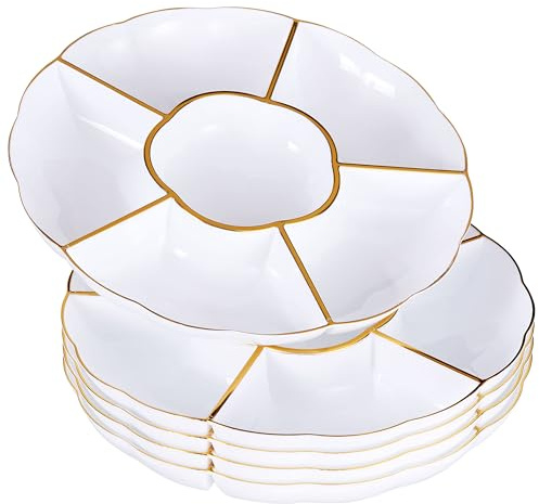 MATANA 15 White 6-Compartment Plastic Trays with Gold Rim, 30cm - 6 Section Food Serving Platters for Party Snacks, Appetizers, Fruits, Nibbles, Condiments - Sturdy & Reusable