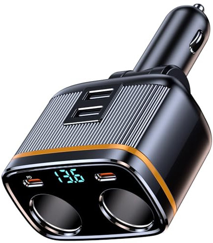 USB C Car Charger Adapter, 145W Super Fast Cigarette Lighter USB Charger Adapter with LED Voltmeter Car Phone Chargers For iPhone Samsung & More