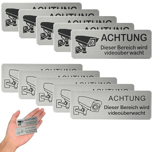 10 carteles de videovigilancia, 8,5 x 3 cm, autoadhesivos, de aluminio cepillado, para videovigilancia, para interior y exterior, inoxidable, blanco y negro
