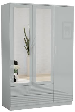 URBAN FURNISHING High Gloss Wardrobe with Mirror & Drawers – 3 Door Modern Wardrobe Hanging Rail Storage Cupboard for Bedroom (Grey)