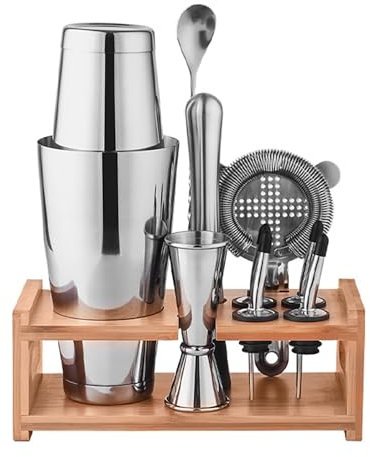 Kit Cocktail,Set Cocktail,Kit Cocktail Complet,Set De Dix Cocktail Kit,avec Support en Bambou,Comprend Une Passoire à Glace,Convient pour Le Bar,La Maison,La Fête,La Pratique Personnelle
