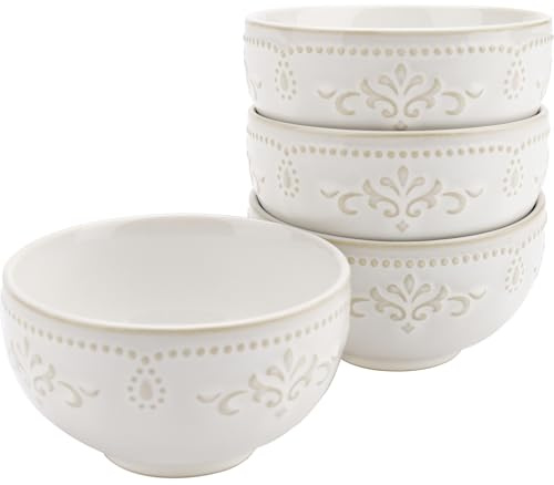 AmiCera Cereal Bowl, 300ml Dessert Bowls, 11.5cm Courtly Floral Pattern Small Bowls, Set of 4, Ceramic Bowl for Rice Soup Salad Snack,White and Gold, Dishwasher & Oven Safe, Microwavable