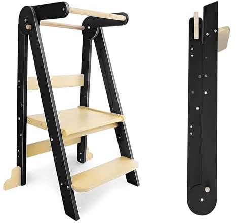 yoakaiax Faltbarer Kleinkind-Küchenturm, Little Partners Lernturm, Holz, Kleinkind-Küchenhocker, Helfer, Stehturm, Kinder-Lernhocker für Küche, Theke, Badezimmer, Schwarz