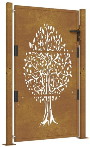 Gartentür aus Metall, Baum-Design Gartentor für Stabmattenzau Zauntor, Hoftor, mit Pfosten, Garten Flügeltore Gartenzaun Tür, 105x155 cm Cortenstahl