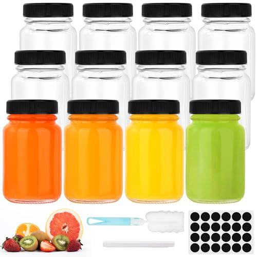 FoiiLiio Mini Bouteille Verre, 12 Petite Bouteilles en Verre Réutilisables de 60ml / 2oz avec Bouchon Hermétique, Mini Bouteille en verre Portable Pour Jus de Fruits, Jus de Gingembre, Pilules