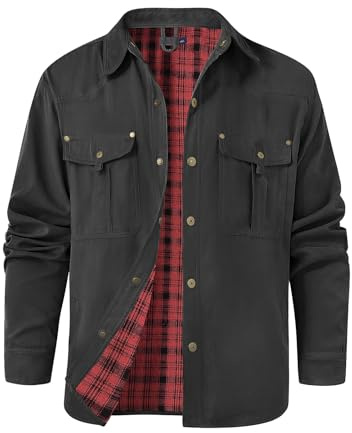 Voqeen Chaqueta Hombre Manga Larga Casual Plaid Cazadora Entretiempo Botón Snap Casual Chaqueta Primavera Rugosa Forrada De Franela Cazadora Entretiempo Chaqueta Ligera