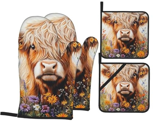4 Pcs Oil Painting Highland Cow Oven Mitts and Potholders,Kitchen Oven Glove with Pot Holders,Non-Slip Gloves High Heat Resistant 500 Degree for BBQ, Grill, Baking, Cooking, Oven, Microwave
