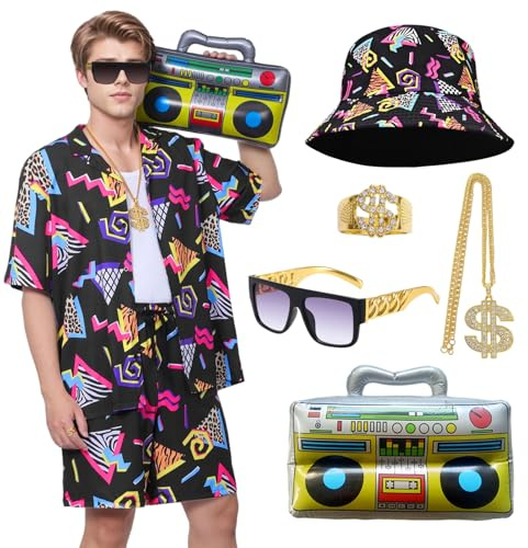 Antsparty Déguisement Année 80 Homme Femme, Costume Annee 80 Rétro Manches Courtes et Shorts avec Le Chapeau Accessoires Disco, Costume Années 80 Survêtement Carnaval Disco Soirée