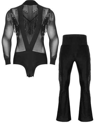 Freebily Men's V neck Latin Dance Leotard Tassels Flared Pants 2Pcs Outfit for Jazz Chacha Samba Dance Black M