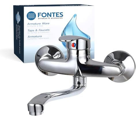 FONTES Wandwasserhahn Chrom, Spültischarmatur 360°, Wandarmatur für Küche/Ausgussbecken, Mischbatterie für Wandmontage, Drehbare Wasserhahn Küche, Kalt und Heiß Einhebelmischer, Schwenkarm 20cm