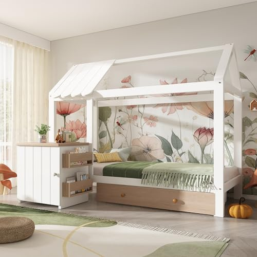HESHU Kinderbett Hausbett 90x200 cm, Bettgestell mit Schublade und Nachttisch, Massivholzbett mit Rausfallschutz und Lattenrost, ohne Matratze, Weiß+Eichenweiß