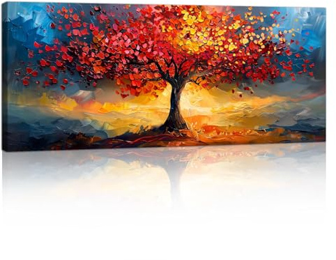 Orange Rot Baum des Lebens Großes Leinwandbilder Bilder Mit Rahmen, Herbst Sonnenuntergang Szenerie Bild auf leinwand Wandkunst Modern Wandbilder Kunstdruck Deko für Wohnzimmer Schlafzimmer 120x50cm