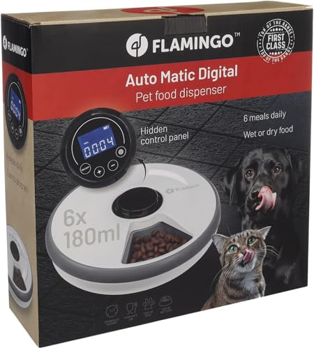 Distributeur croquettes Chat Automatique - Distributeur croquettes Chien - 6 Repas par Jour avec minuterie et système de Refroidissement - Flamingo Distributeur de Nourriture Labo Rond Blanc