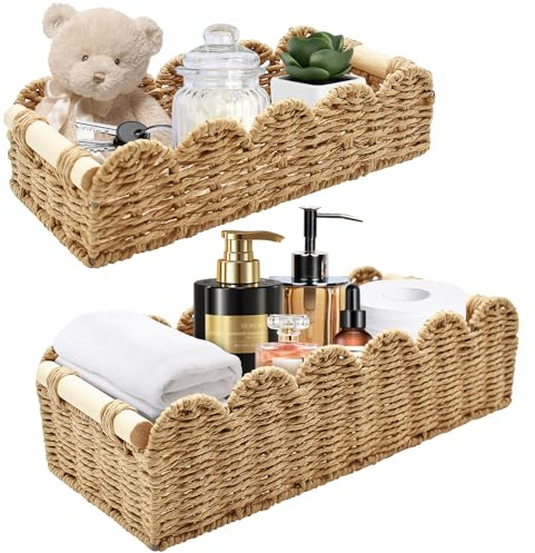 Kqpoinw Juego de 2 Cestas de Almacenamiento, Cestas de Mimbre Trenzada con Asa, Cestas Organizador Baño para Cambiador,Cestas Almacenaje Apilables para Baño Estanterías Cocina (Natural)
