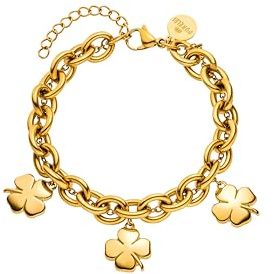 Purelei Luck Clover Armband Damen – doppelreihiges Design, Kleeblatt, Gliederkette, verstellbar, Edelstahl, 14K vergoldet, silberfarben, wasserfest, Glücksbringer Schmuck
