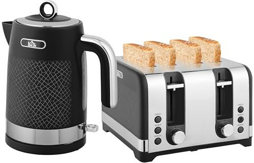 HOMCOM Kettle and Toaster Set 1.7L 3000W Jug Kettle 4 Slice Toaster Black | Rapid Boil, Otter Thermostat, Limescale Filter, 7 Browning Controls, Crumb Tray