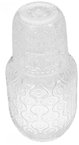 SEWACC Stylish Glass Bedside Carafe with Cup Set Featuring Sunflower Pattern, Stable and Versatile Use for Bathroom or Table, 600ml Pitcher with Lid and 160ml Cup Elegant Cold Water