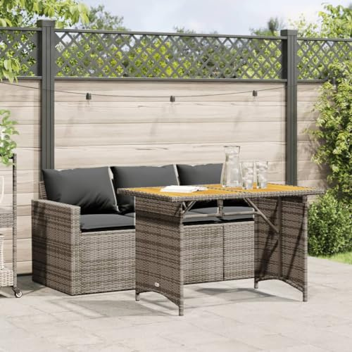 Teenpull 2-TLG. Garten-Essgruppe, Grau Poly Rattan, Akazienholz Tischplatte, UV-beständig, wetterfest, für Terrasse, Balkon, Garten, 110 kg Traglast
