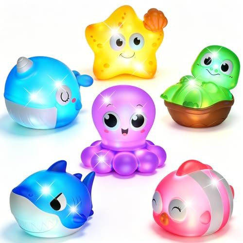 Baby Light Up Bath Toys: 6 Pack Dinosaur Water Activated Bath Toys for 1 2 Year Old, No Hole Water Toys for Toddler Bathtub/ Swimming/Pool, Baby Shower Birthday Gifts for Boys & Girls