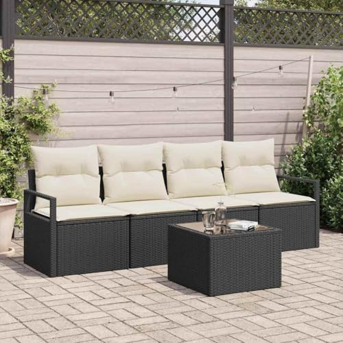 Holamys Garten Loungeset 5-teilig, Schwarz-Creme Poly-Rattan, UV-beständig, mit Stahlrahmen, abnehmbaren Kissen, für Terrasse, Balkon, Außenbereich, 12 Sitzplätze