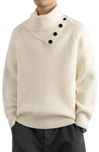 Stickad tröja för män långärmad v-ringad termisk pullover tröjor med avtagbar halsduk, Aprikos, XL