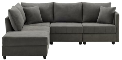 dowowdo Sofa Ecksofa 5-Sitzer Modular - L/U-förmig Verstellbar mit Hocker, Großzügige Wohnlandschaft, Baumwolle-Leinen Bezug Federkern, Bequem, Grey
