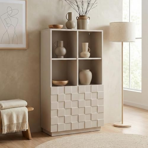 [en.casa] Highboard Wohnzimmer Bopibobro Hochschrank mit 2 Türen 3D-Front Büroschrank 4 Fächer 118 x 64 x 30 cm Kommode Beige