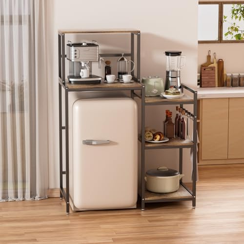 Mini Fridge Stand Kitchen Cabinet, 3 Tier Bakers Rack with Microwave Oven Stand, Kitchen Storage Rack Coffee Bar Station, Freestanding Utility Organizer Shelf for Dorm Kitchen Spices, Pots (Black)
