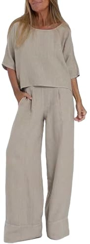 Conjuntos de 2 Piezas para Mujer, Ajuste Holgado, Cuello Redondo, Manga Corta, Camiseta de Lino algodón sólido, Pantalones Casuales para Mujer, chándal Verano Ropa
