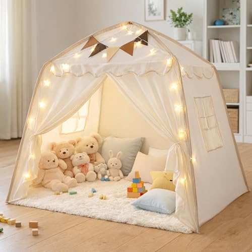Tipi Infantil, Casita Infantil Interior para Niños con Luces y Banderas Casa de Juegos Carpa de Princesa Casita de Juegos Grande Regalo con Ventanas para Interior y Exterior Tienda Campaña Infantil