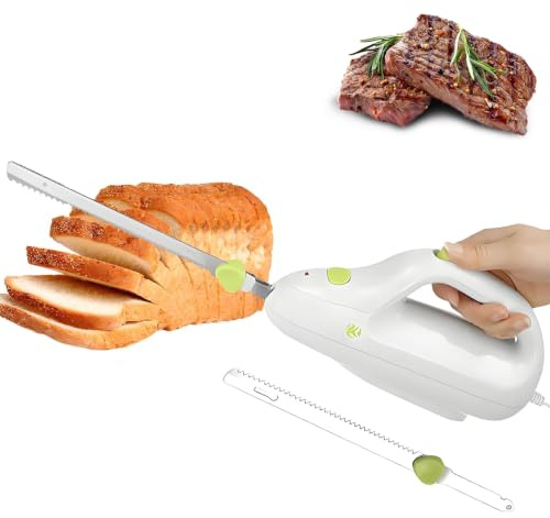 Cuchillo Eléctrico de Corte, Cuchillo de Pan Eléctrico de 110W con 2 Cuchillas de Acero Inoxidable - Interruptor de Seguridad, Cortadora Eléctrica para Pan, Asado, Queso, Jamón y Pavo