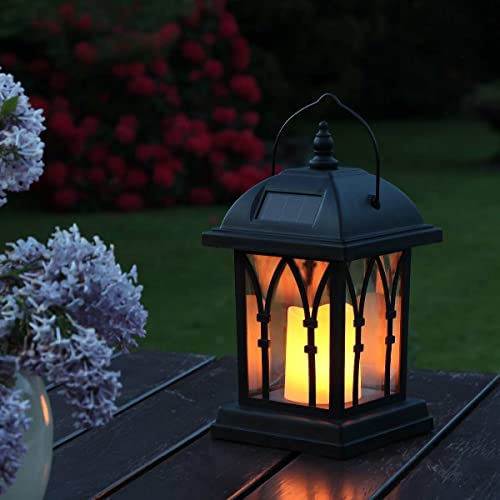 Festive Lights - 27cm Realistic Solar Power Candle Lantern – Black, Flickering Amber LED – Outdoor Hanging or Table Light – Waterproof Garden, Patio & Decking Decoration – IP44 Rated, Energy-Efficient