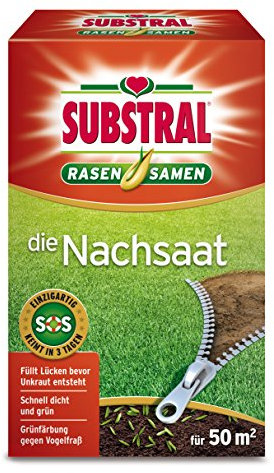 Substral Rasensamen Die Nachsaat, Rasensaat, Schnell keimende strapazierfähige Rasenreparatur-Mischung, 1 kg für 50 m²