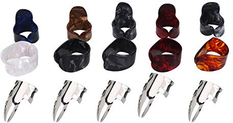 Fingerpicks Set, 15-teiliges Set mit Aufbewahrungsbox für Gitarre und Saiteninstrumente, Fingerpicks aus Kunststoff für Daumen und Finger