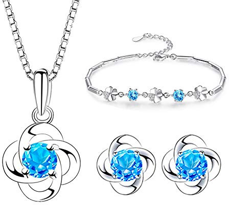 Kamise Schmuckset Damen Silber, 925 Sterling Silber Klee Halskette Ohrstecker Armband Set, Anhänger mit 45cm Silberkette & Ohringestecher & Armkette mit Blau Zirkonia, schmuckset mit Geschenkbox