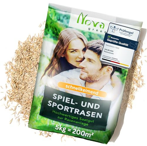 Rasensamen schnellkeimend 5kg = 200m² Sport und Spiel Herbst Premium | SEHR GUT getestet - trockenresistent | Ideal für Neuansaat und Nachsaat
