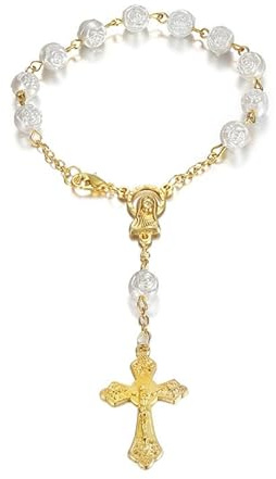 BOBIJOO Jewelry - Mini Chapelet Voiture Camion Bracelet Marie Vierge Croix Pendentif Or et Roses Blanches