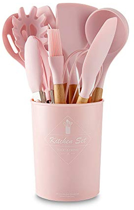 VOANZO Accesorios de Cocina Rosados: 11 Piezas, denso, con Fugas, espátula, Pala con Fugas, Cuchara de Sopa, Fideos, Cuchara Plana, espátula, Cepillo, batidor de Huevo, Clip para Alimentos.