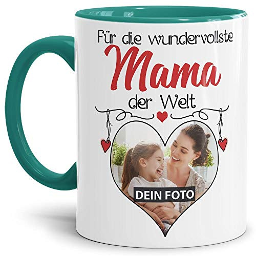 Tasse mit Spruch - Wundervollste Mama der Welt - personalisiert mit Wunschfoto - Geschenkidee für die beste Mama - Innen & Henkel Türkis, 300 ml