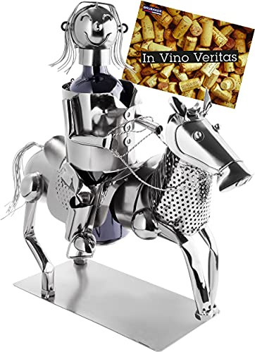 BRUBAKER Weinflaschenhalter Reiterin - Metall Skulptur Flaschenständer - 43 cm Metallfigur Wein Geschenk für Pferde Mädchen und Reitsport Fans mit Grußkarte