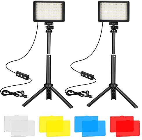 Ci-Fotto LED Luce Video 2-Pack, Luci Fotografiche USB 5600K Dimmerabile con Mini Treppiede e Filtri Colorati per Studi Fotografici, Riprese da Piccoli Angoli, Registrazione Video, Streaming di Giochi