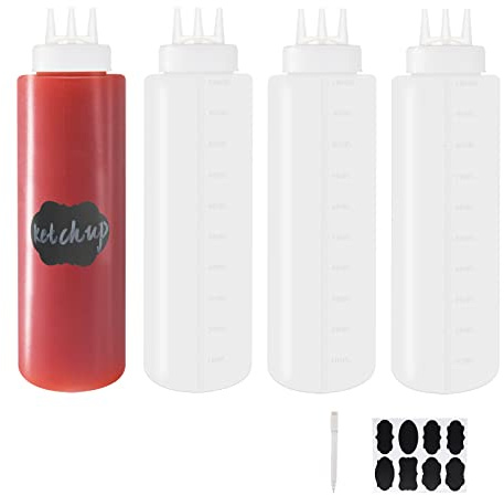 Belinlen 4 Pack 32oz/1000ml Plastic Squeeze Bottles 3-Hole Squirt Condiment Bottles Tomato Sauce Dispensers for Ketchup BBQ Dressing Paint Workshop Pancake Art Craft with 8 Chalk Labels and 1 Pen